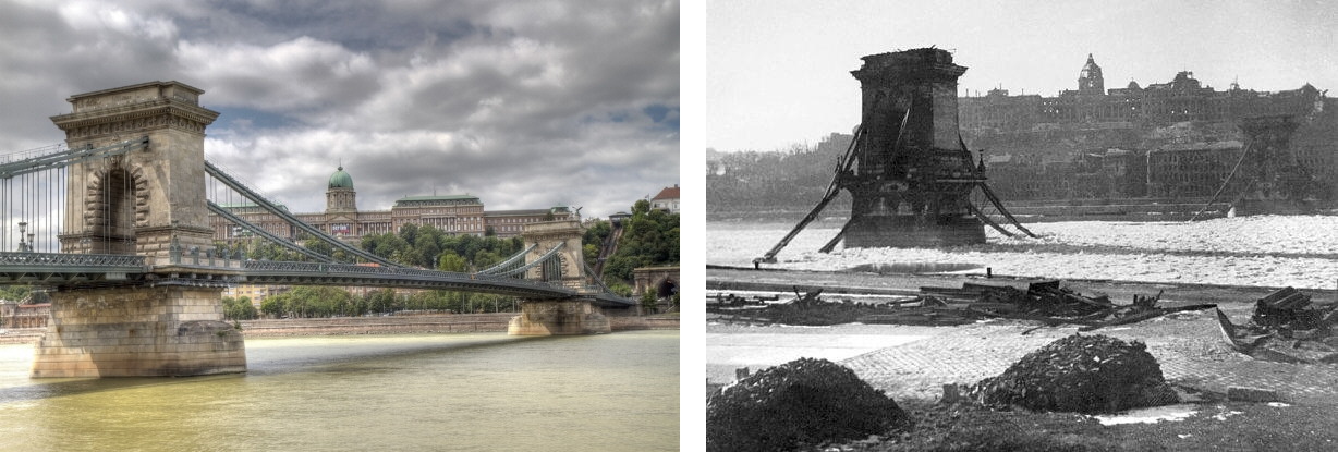 A la izquierda el estado actual del Puente de Las Cadenas. A la derecha como quedó tras un bombardeo durante la 2ª Guerra Mundial.